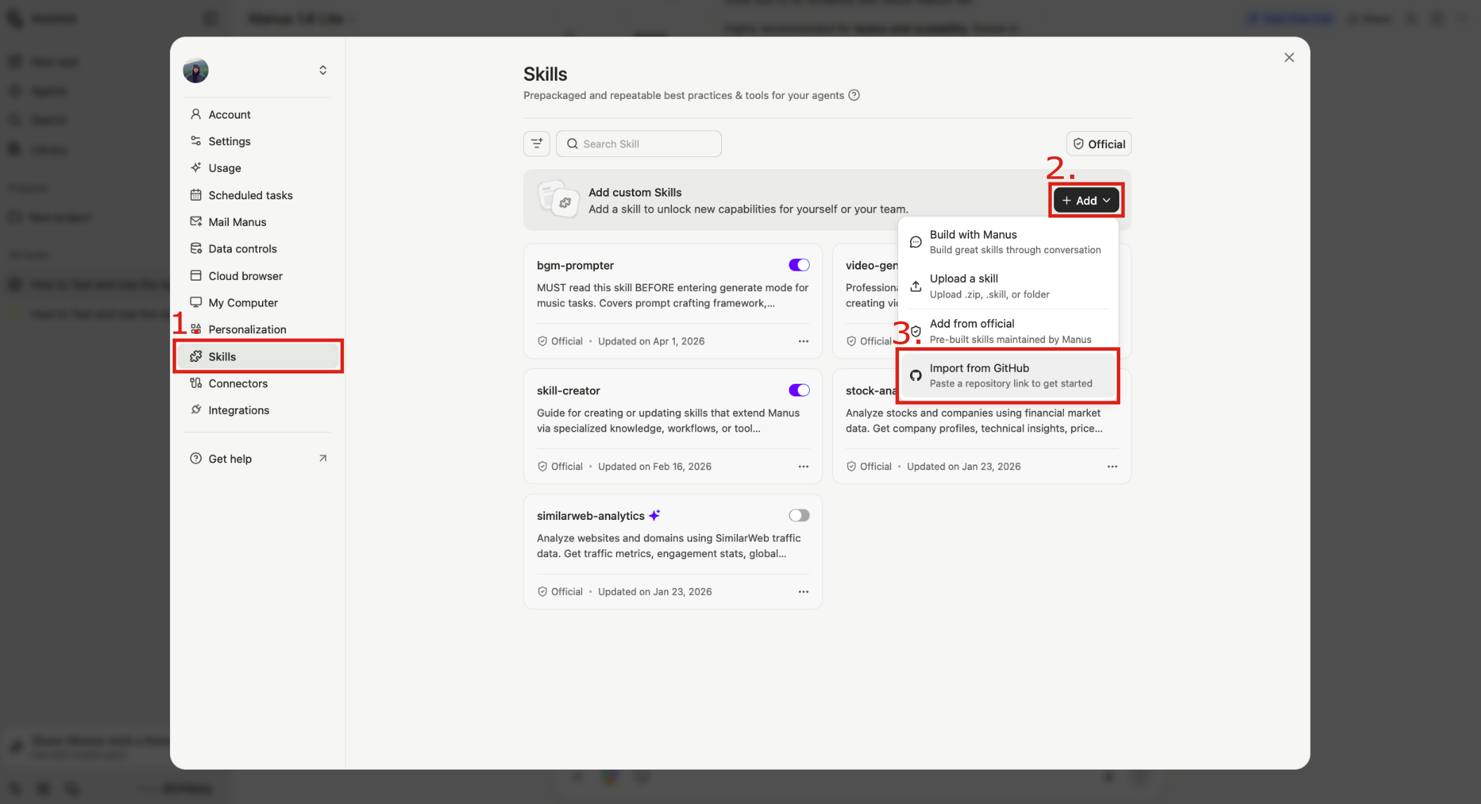 Manus Skills tab with the + Add dropdown open, showing the Import from GitHub option