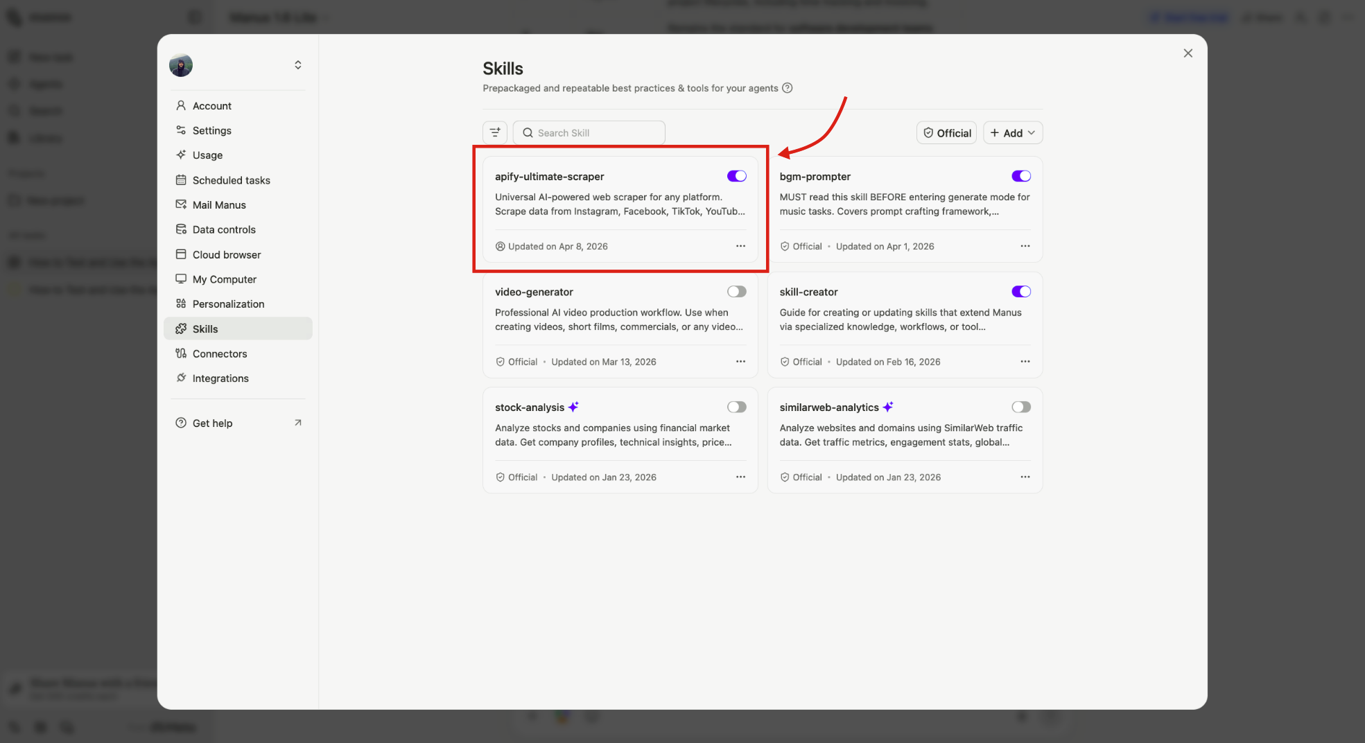 Manus Skills tab showing apify-ultimate-scraper imported and enabled