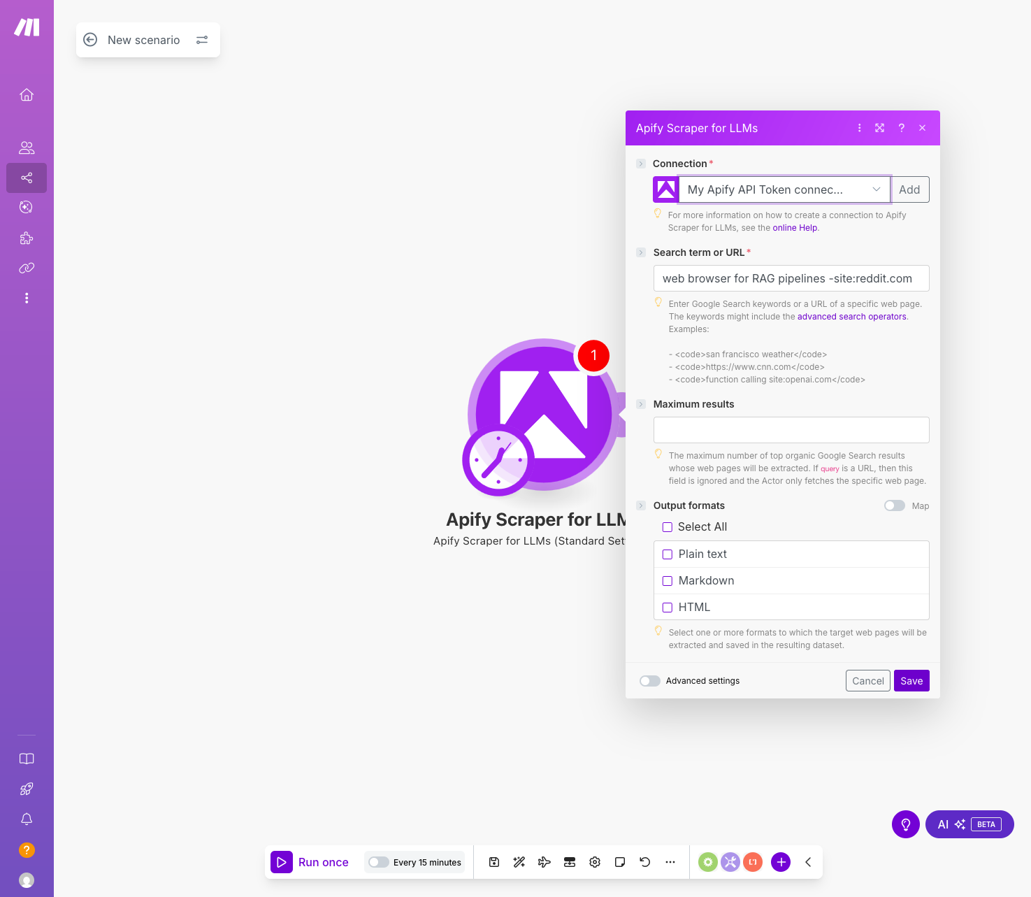 Make connection dialog with completed API token and connection name fields for Apify Scraper module