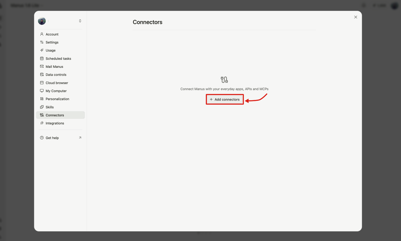 Manus Connectors panel showing the + Add connectors button