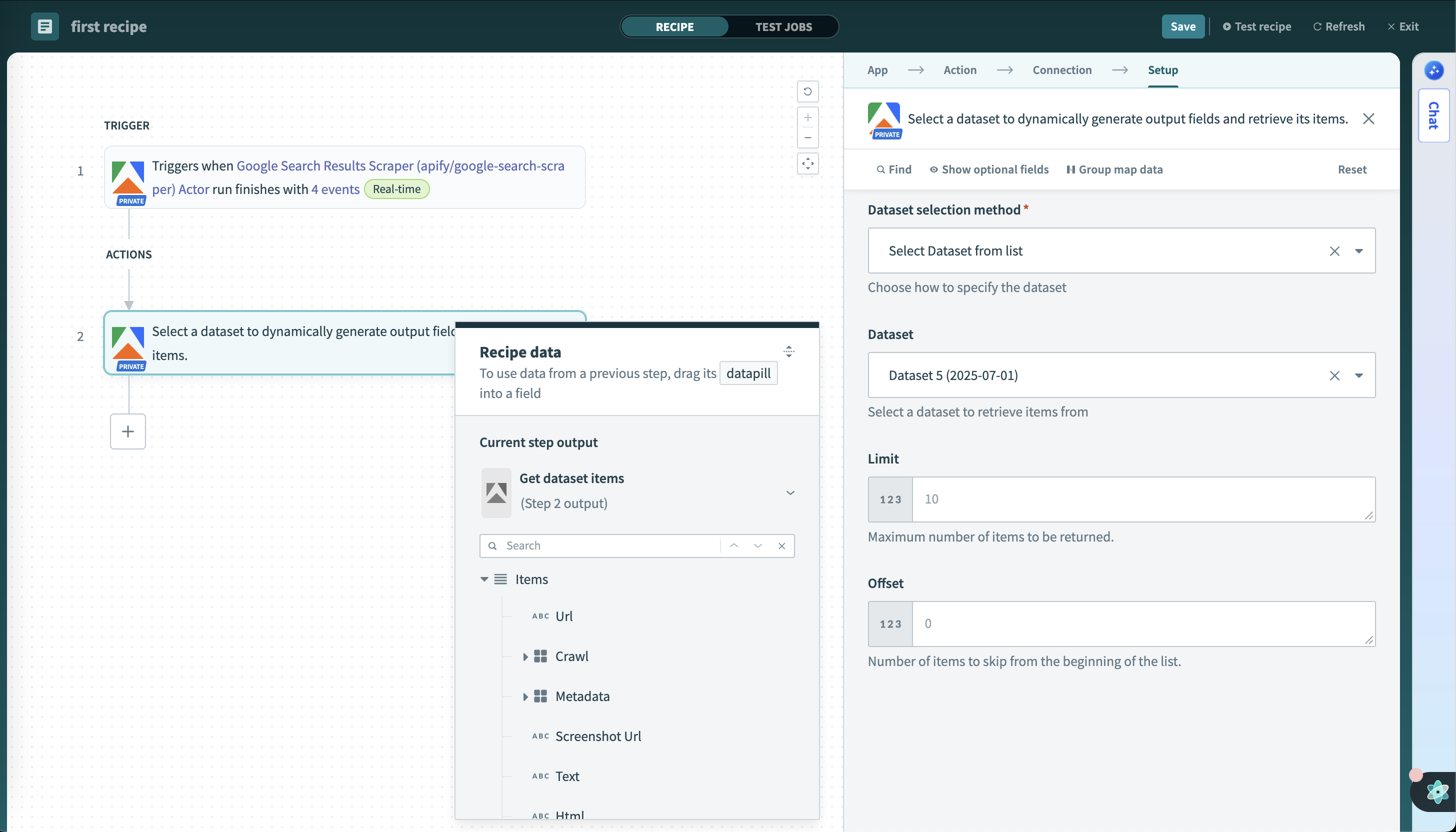 Screenshot of the get dataset items action configuration in Workato