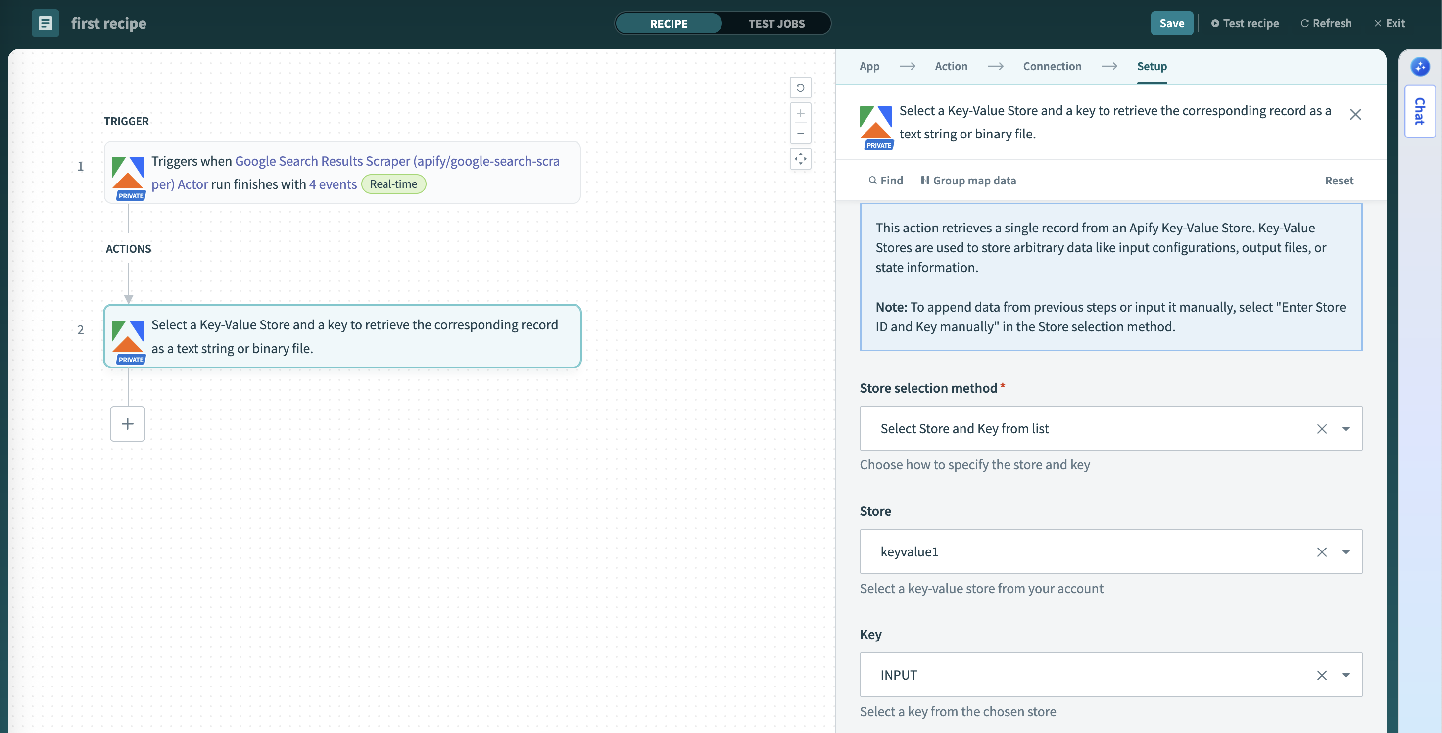 Screenshot of the get key-value store record action configuration in Workato