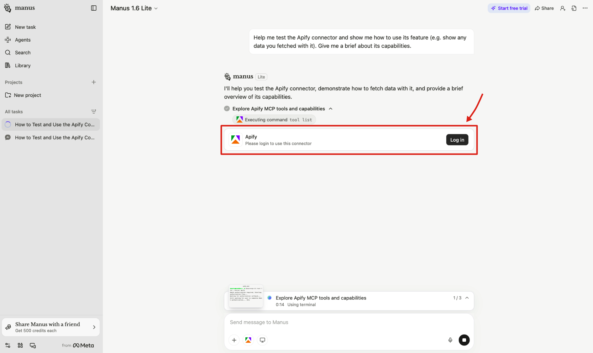 Manus chat session showing the Apify connector OAuth login prompt