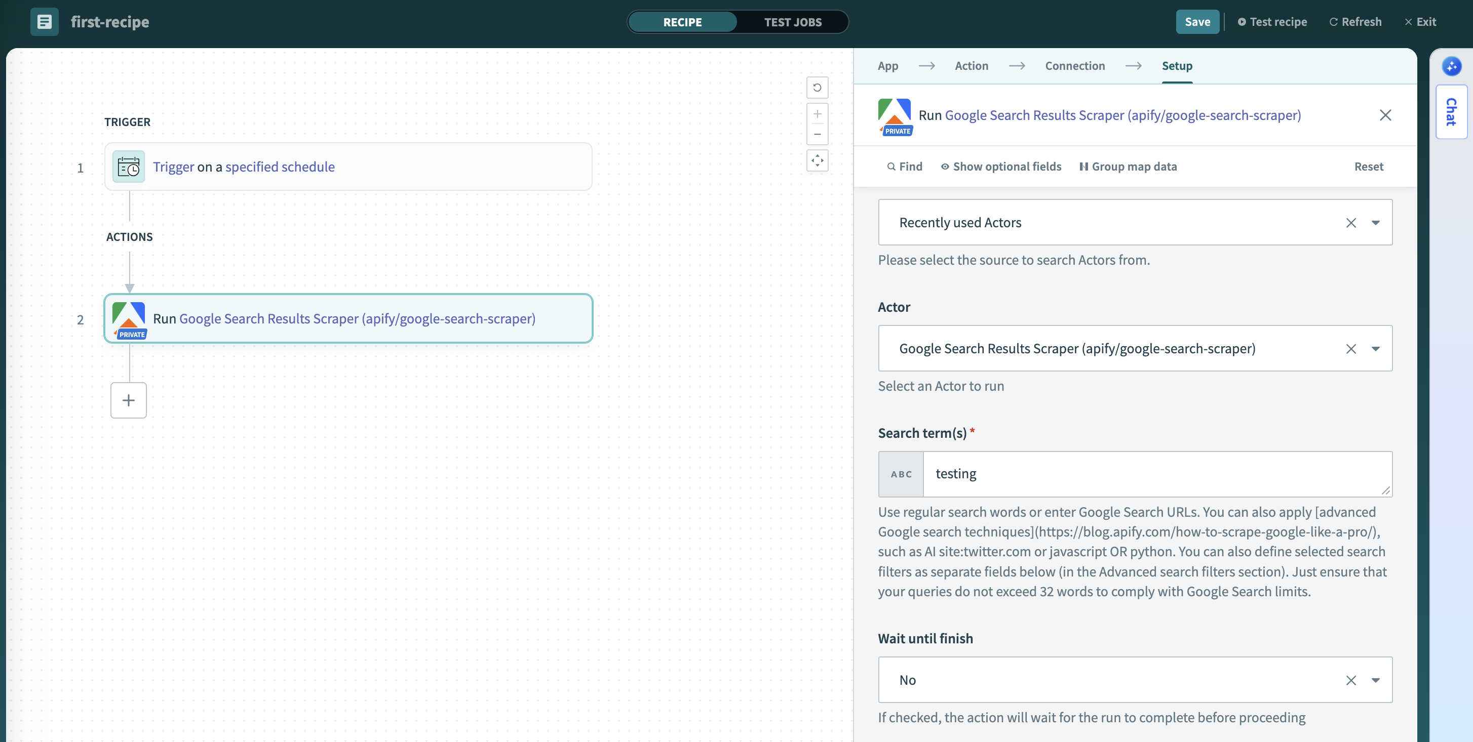 Screenshot of the run Actor action configuration in Workato