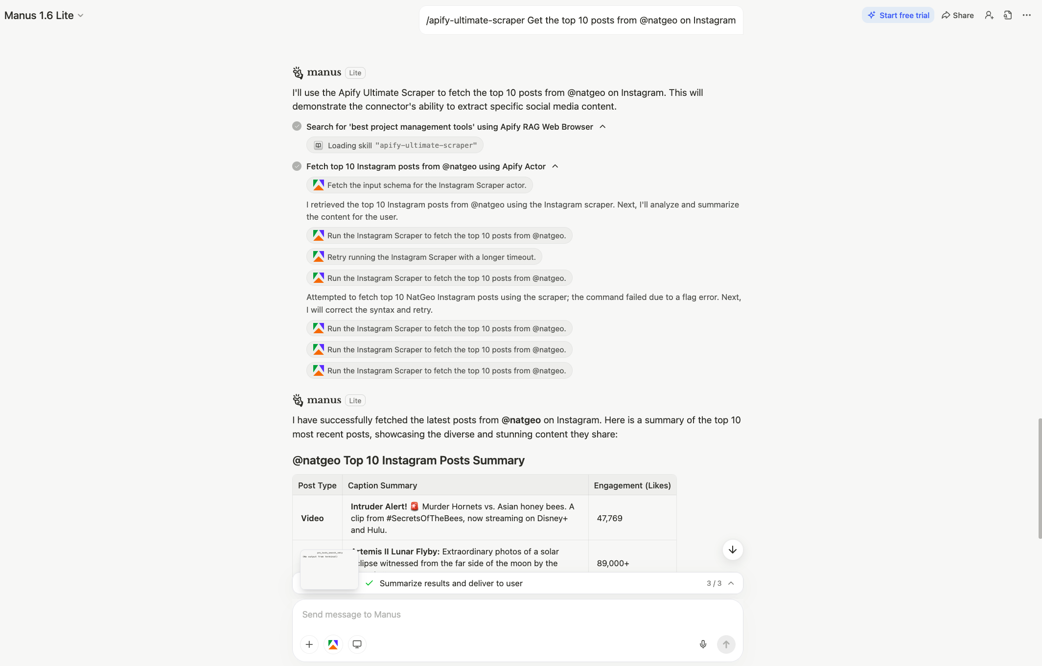Manus chat showing /apify-ultimate-scraper triggered and structured Instagram results returned